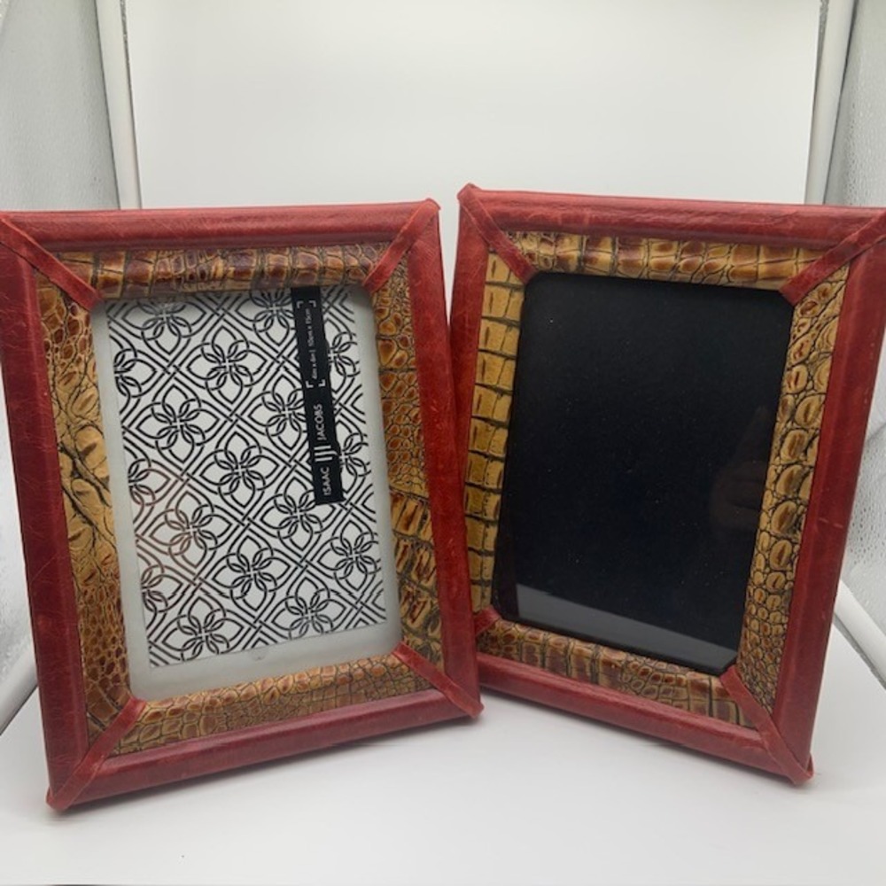 Isaac Jacobs Set of 2 Faux Leather Crocodile Picture Frames Red Brown Safari 4x6